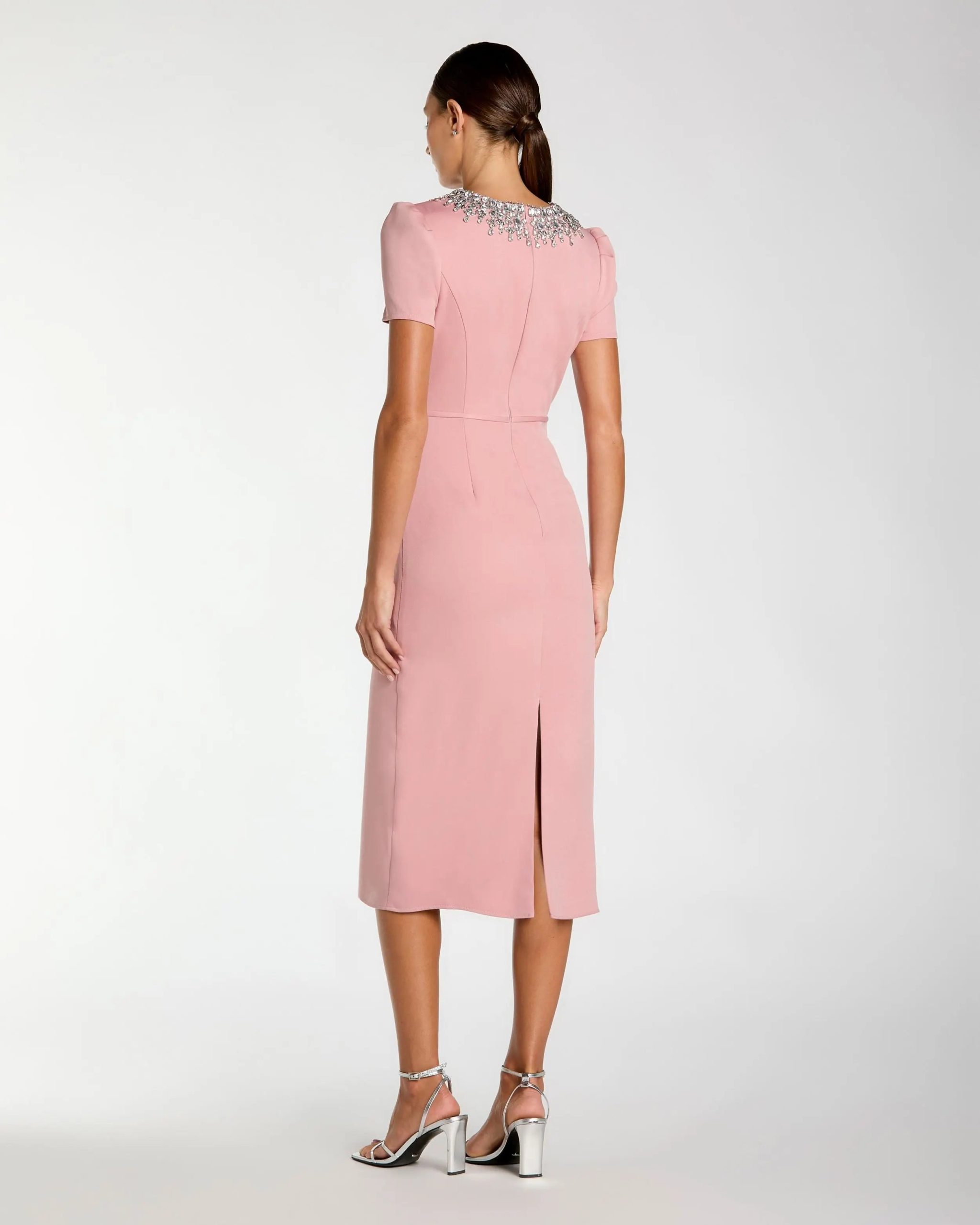 Pink Short Sleeve Rhinestone Neckline Sheath Dress - Image 3