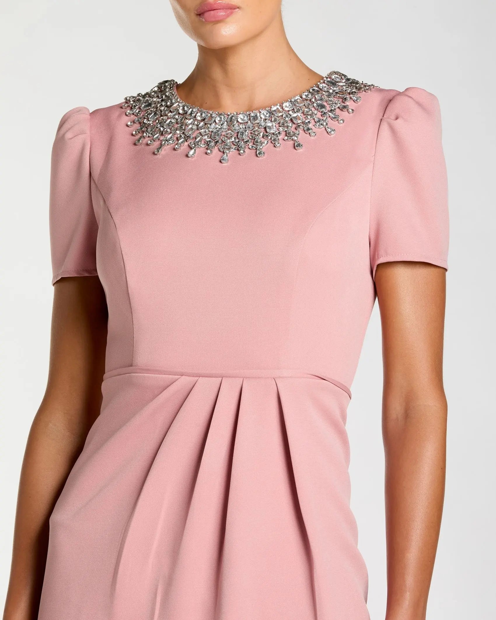 Pink Short Sleeve Rhinestone Neckline Sheath Dress - Image 2