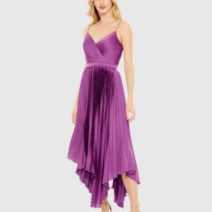 Purple Pleated Satin Flowy Midi Dress