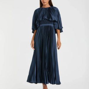 Navy Pleated Caplet Tea-length Dress