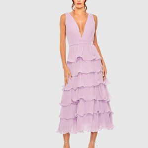 Purple Plunge Neck Sleeveless Chiffon Ruffle Midi Dress