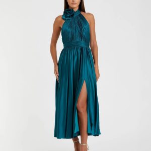 Teal Pleated Charmeuse High Neck Sleeveless Midi Dress