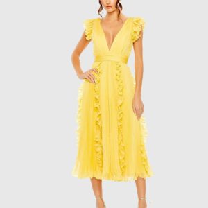 Yellow Pleated Chiffon V Neck Ruffle Midi Dress