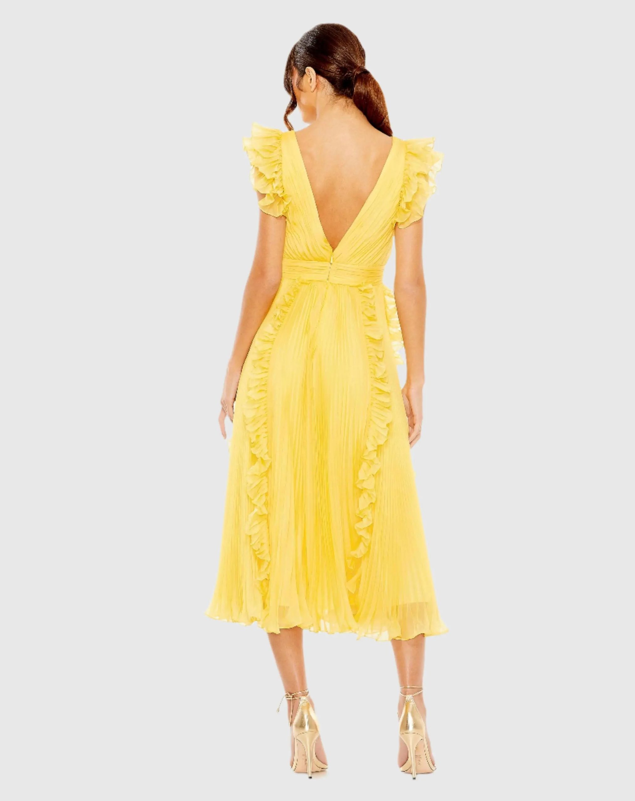 Yellow Pleated Chiffon V Neck Ruffle Midi Dress - Image 3