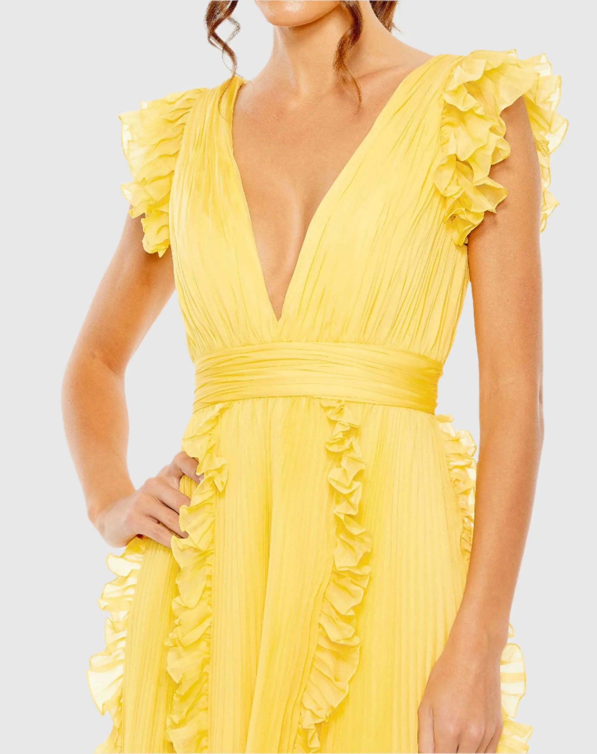 Yellow Pleated Chiffon V Neck Ruffle Midi Dress - Image 2