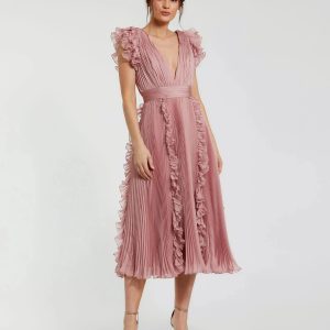 Pink Pleated Chiffon V Neck Ruffle Midi Dress