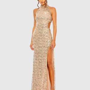 Side Cut Out High Neck Sequin Gown