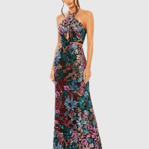 Black Sequin Embellished Cross Neck Gown