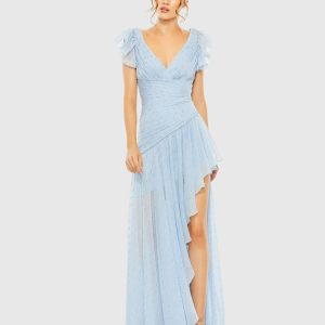 Blue Asymmetrical Ruched Gown With Flutter Sleeves