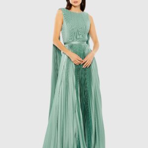 Green Sleeveless High Neck Cape Back Heat Pleated Gown