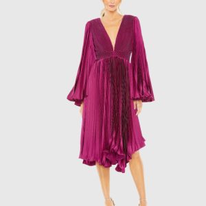 Purple Long Flare Sleeve Pleated Dress - FINAL SALE