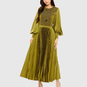 Green Long Sleeve High Neck Heat Pleated Dress