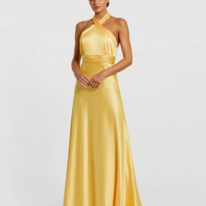 Yellow Ruched Halter Neck Tie Back Satin Gown