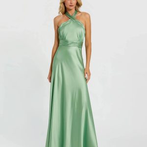 Green Ruched Halter Neck Tie Back Satin Gown