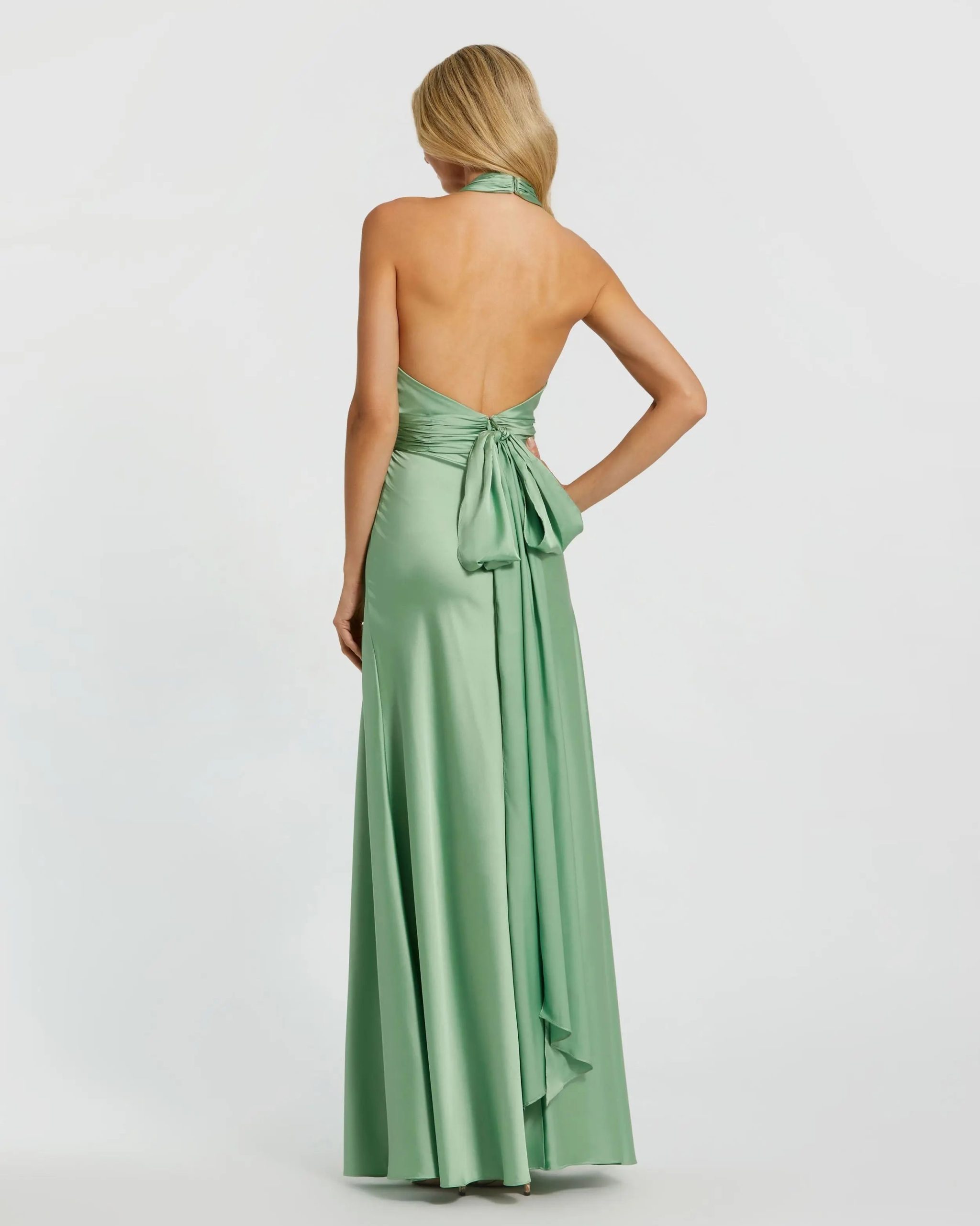 Green Ruched Halter Neck Tie Back Satin Gown - Image 2