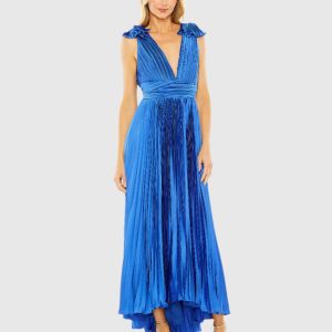 Blue Ruffle Top Sleeveless V Neck Pleated Gown