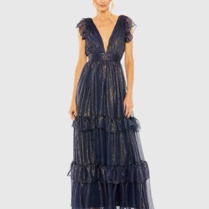 Navy Ruched Top Flutter Sleeve Deep V Gown