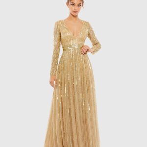 Gold Sequined V Neck Illusion Sleeve A Line Gown