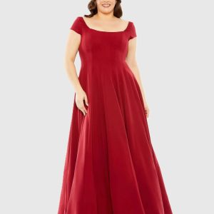 Red Cap Sleeve Square Neck Ball Gown