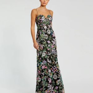 Black Multicolor Embroidered Bustier Trumpet Gown