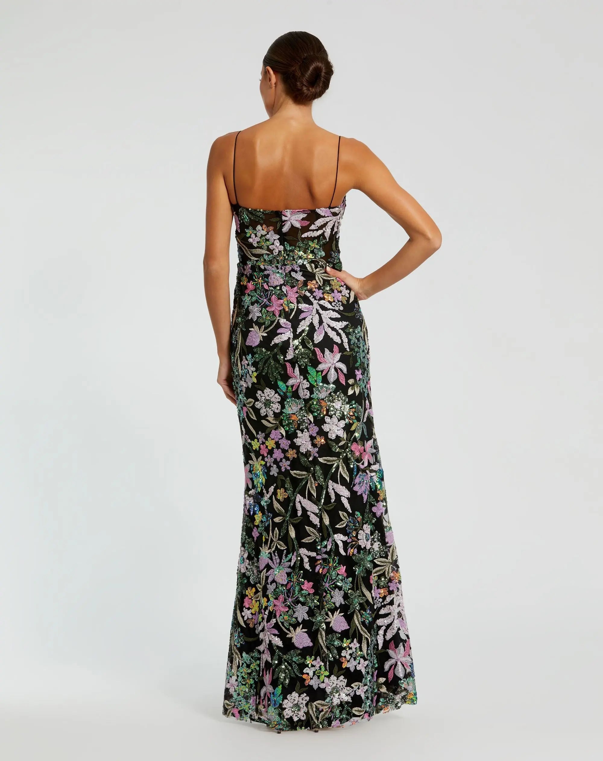 Black Multicolor Embroidered Bustier Trumpet Gown - Image 3