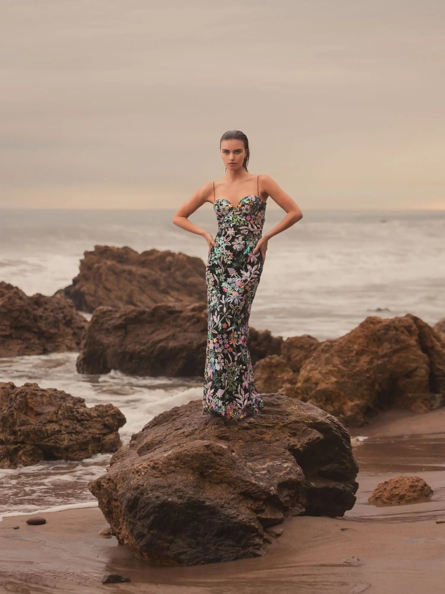 Black Multicolor Embroidered Bustier Trumpet Gown - Image 4