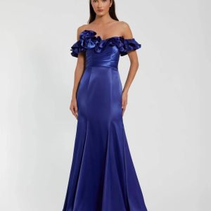 Blue Satin Ruffle Off the Shoulder Mermaid Gown - FINAL SALE