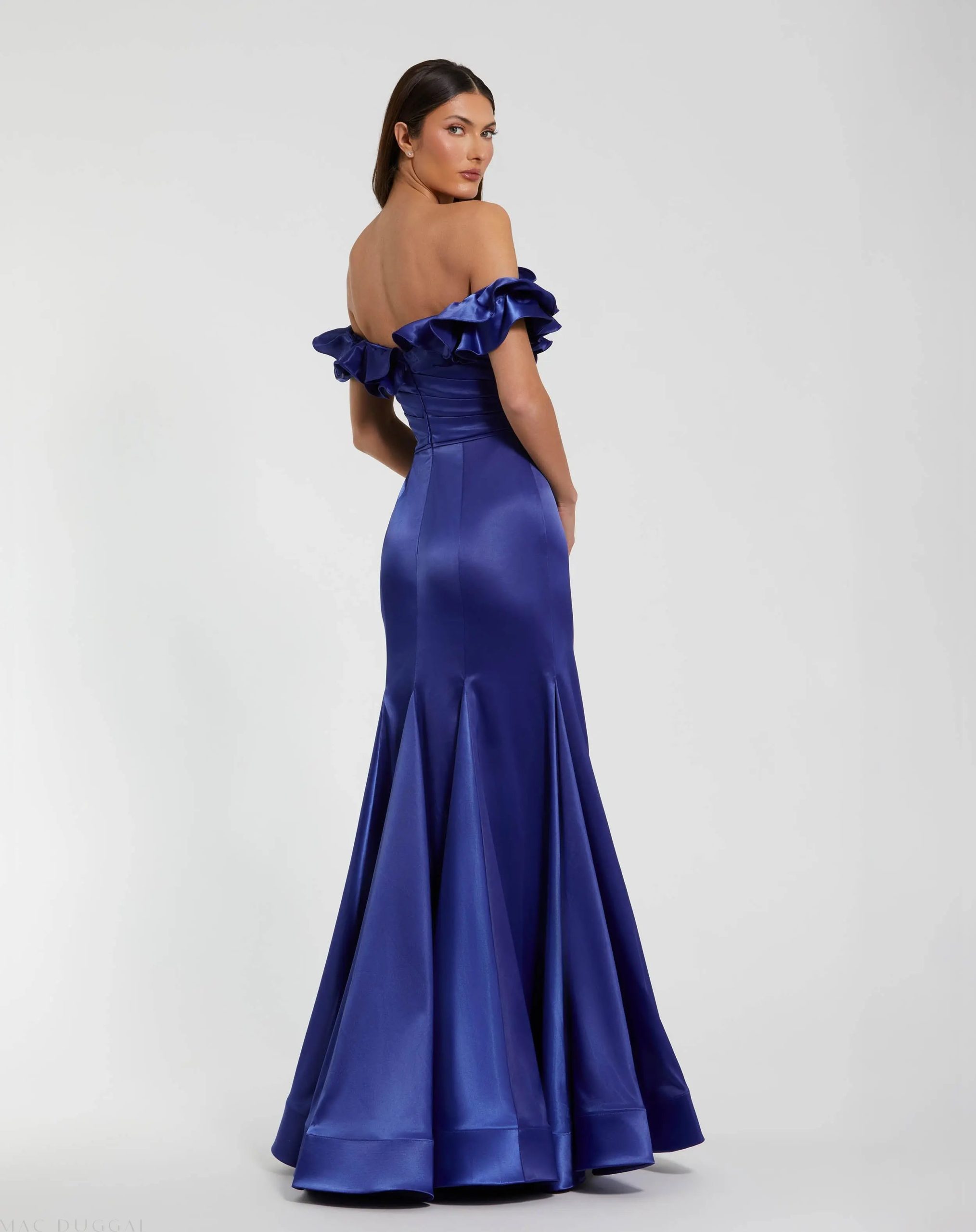 Blue Satin Ruffle Off the Shoulder Mermaid Gown - FINAL SALE - Image 3