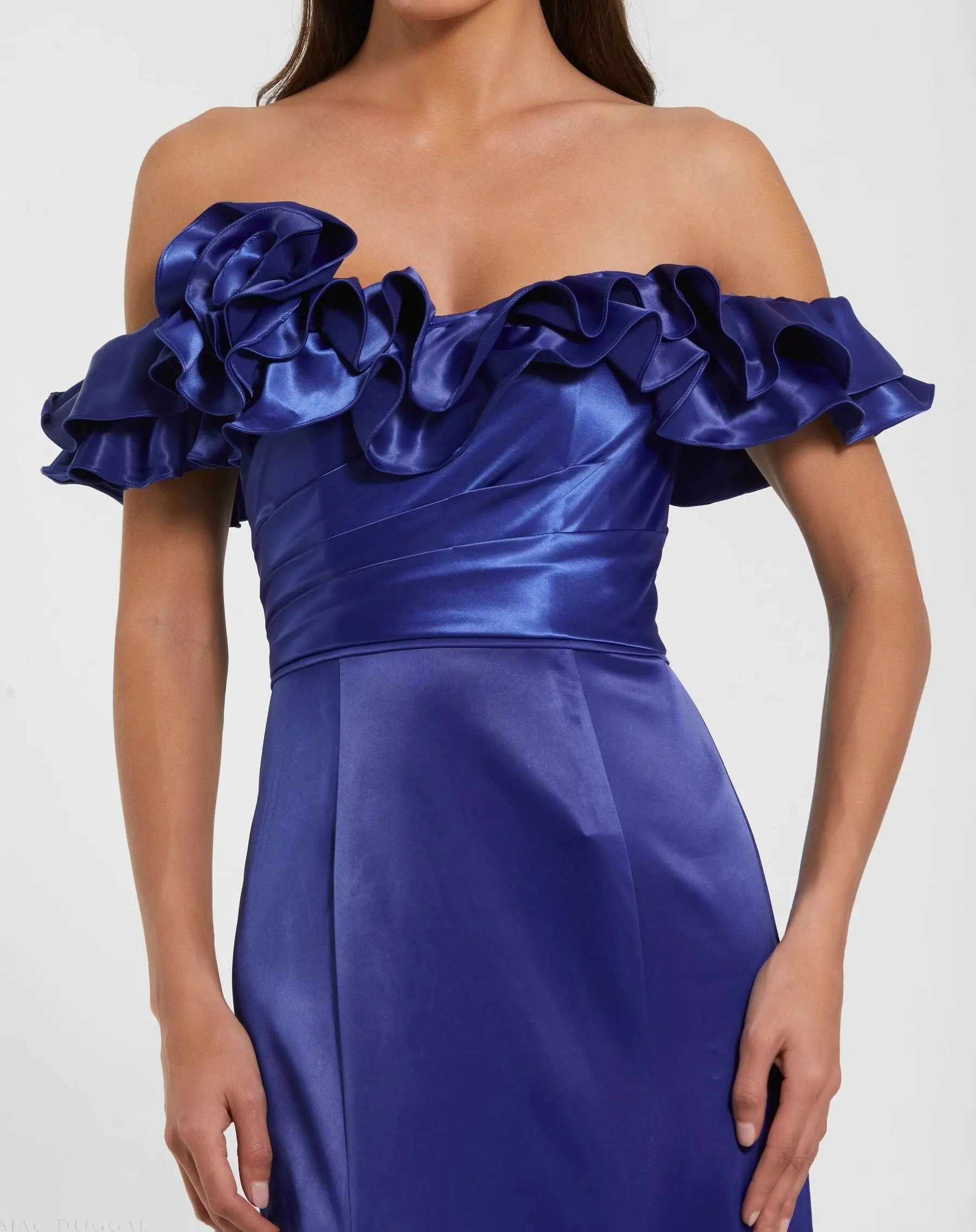 Blue Satin Ruffle Off the Shoulder Mermaid Gown - FINAL SALE - Image 2
