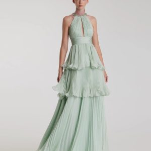 Green High Neck Chiffon Tiered Gown with Cut Out