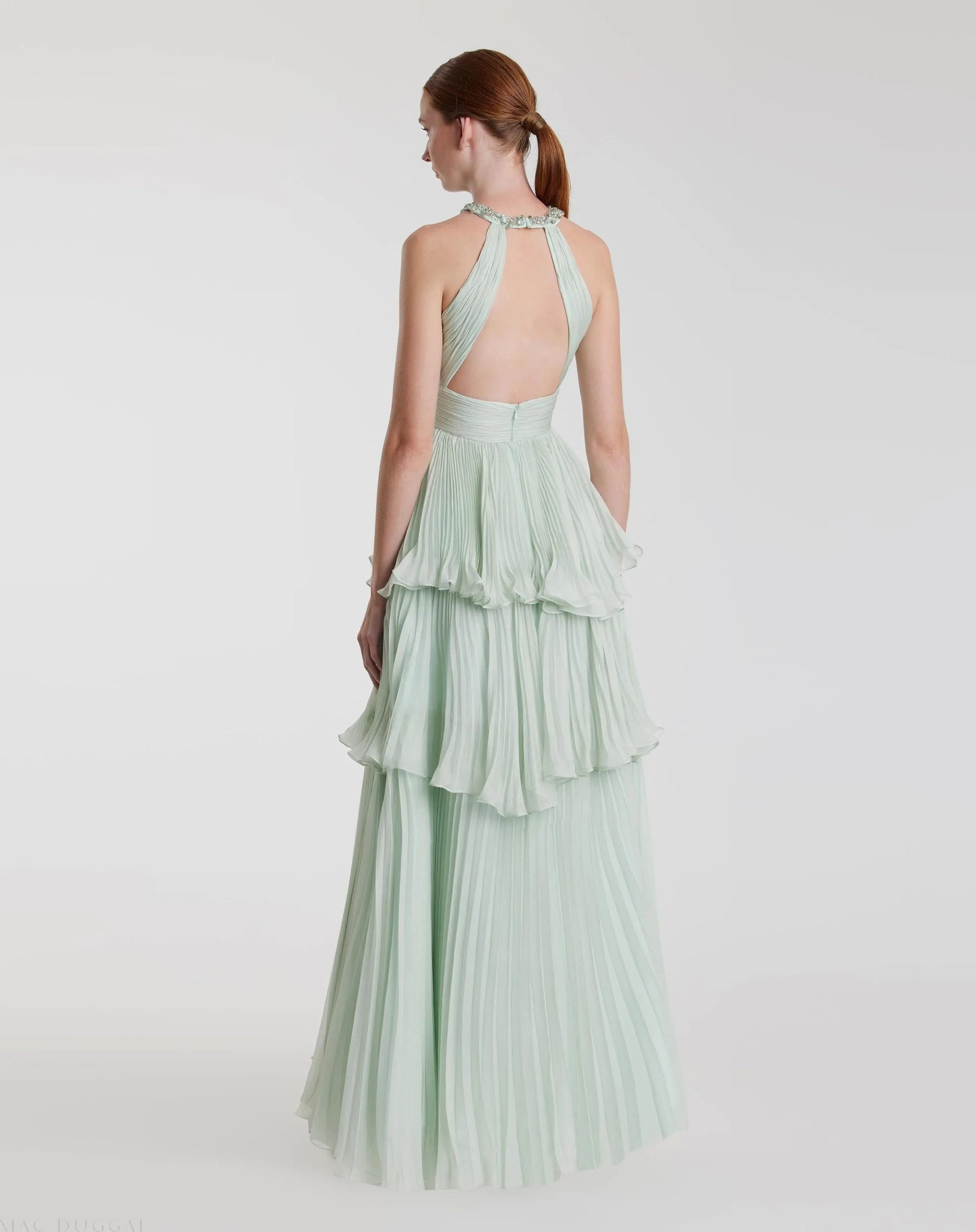 Green High Neck Chiffon Tiered Gown with Cut Out - Image 2