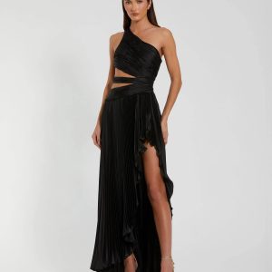 Black One Shoulder Pleated Charmeuse Gown with Slit