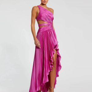Purple One Shoulder Pleated Charmeuse Gown with Slit