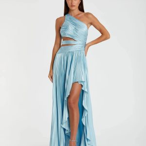 Blue One Shoulder Pleated Charmeuse Gown with Slit