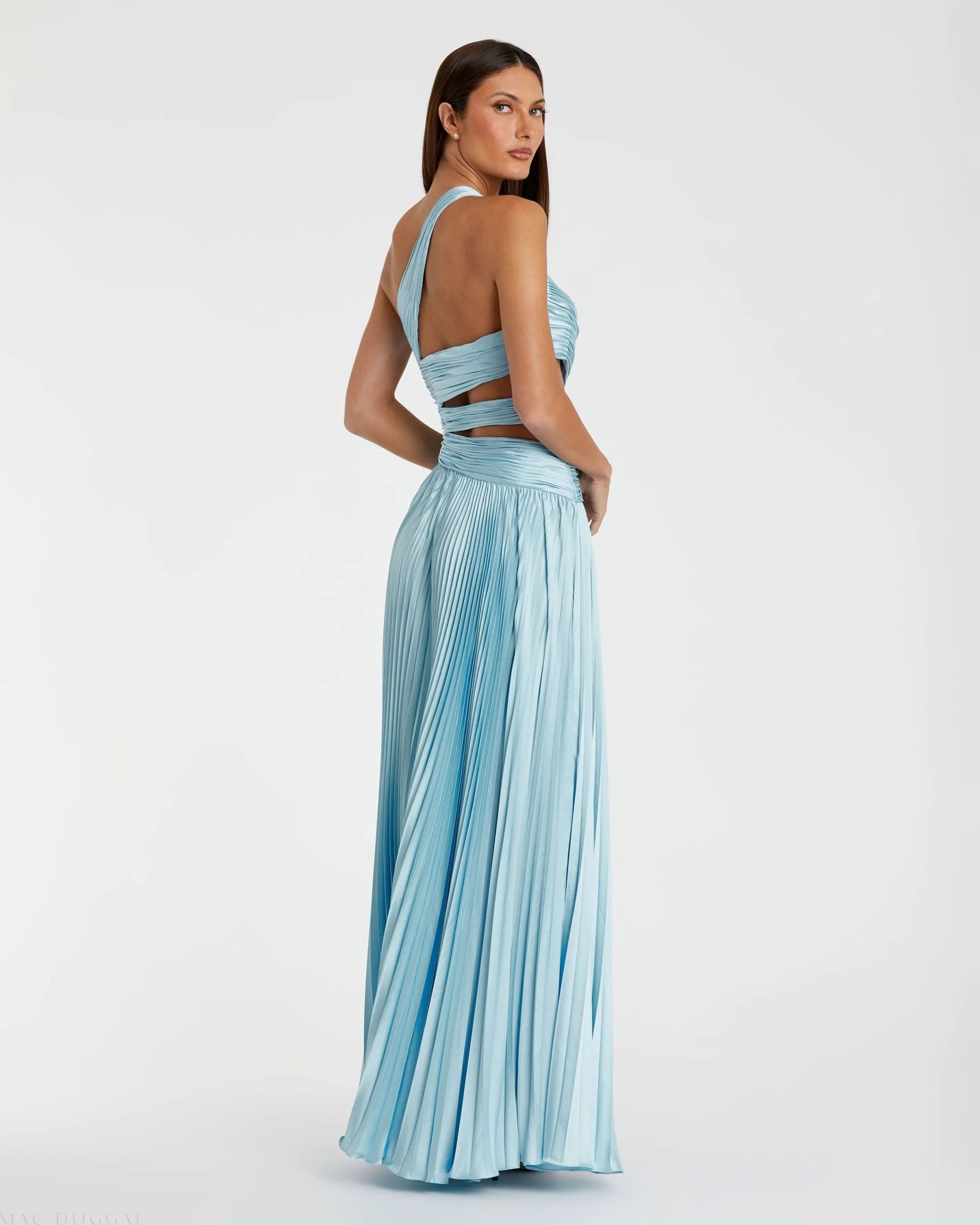 Blue One Shoulder Pleated Charmeuse Gown with Slit - Image 3