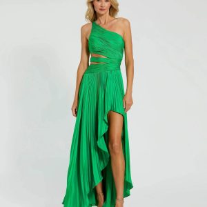 Green One Shoulder Pleated Charmeuse Gown with Slit