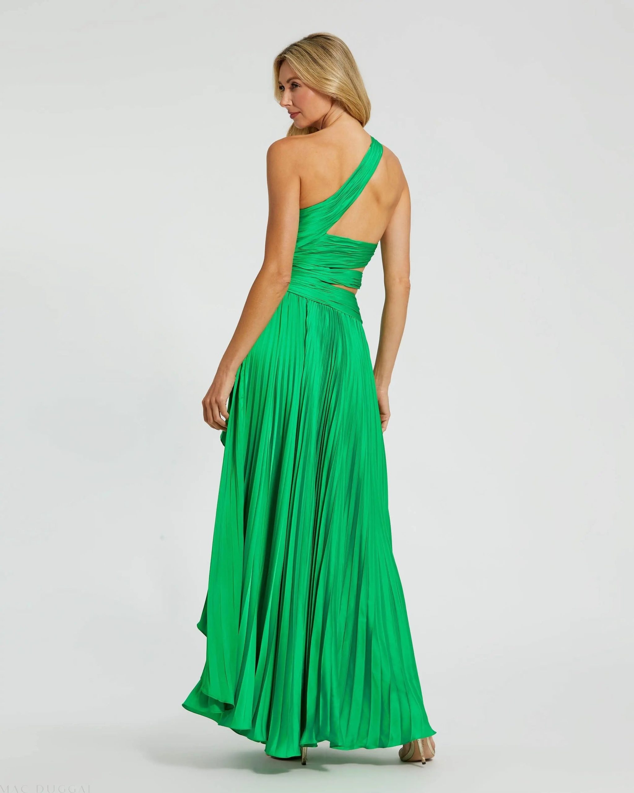 Green One Shoulder Pleated Charmeuse Gown with Slit - Image 3