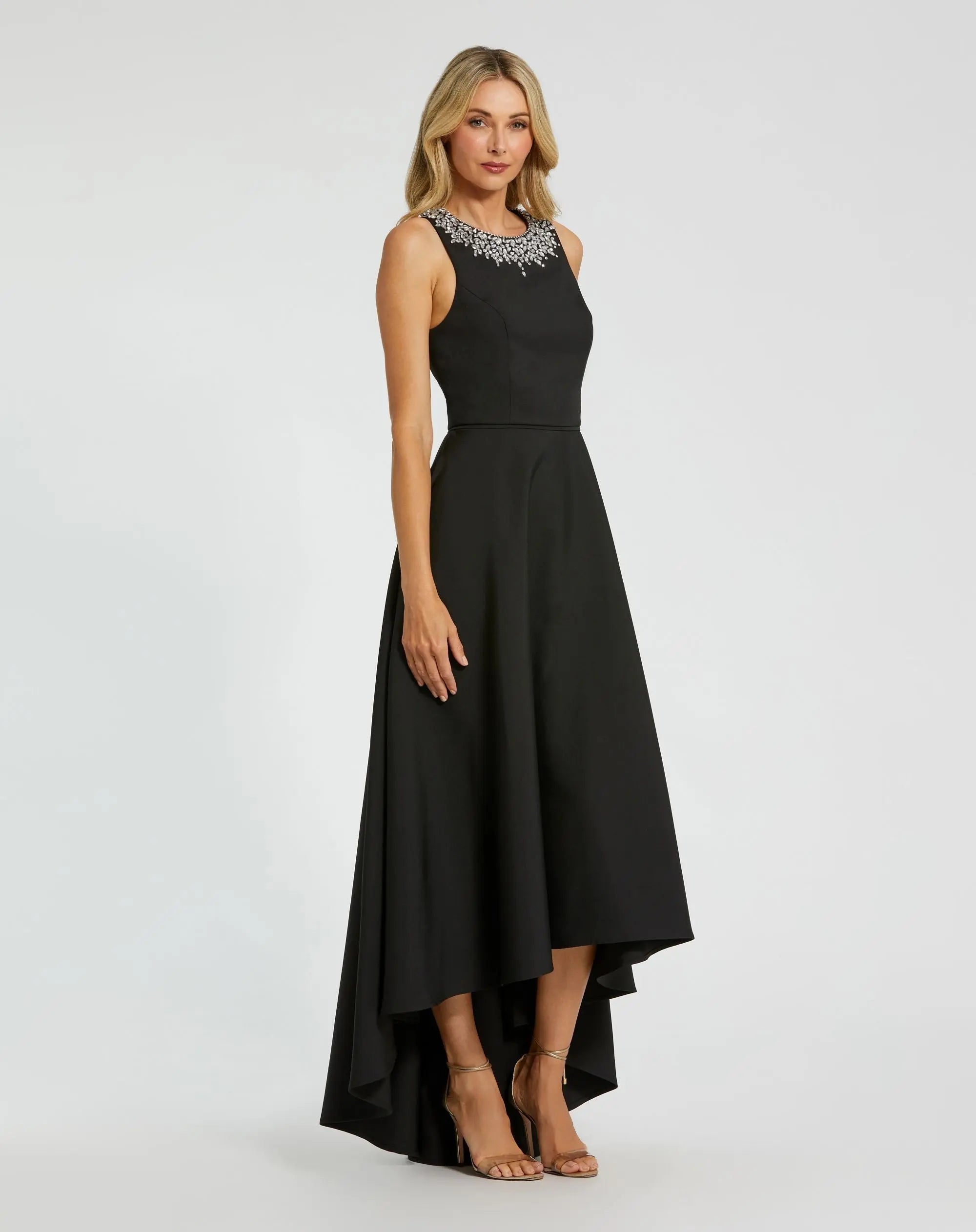 Black Crepe Embellished Neck High Low Gown - Image 3