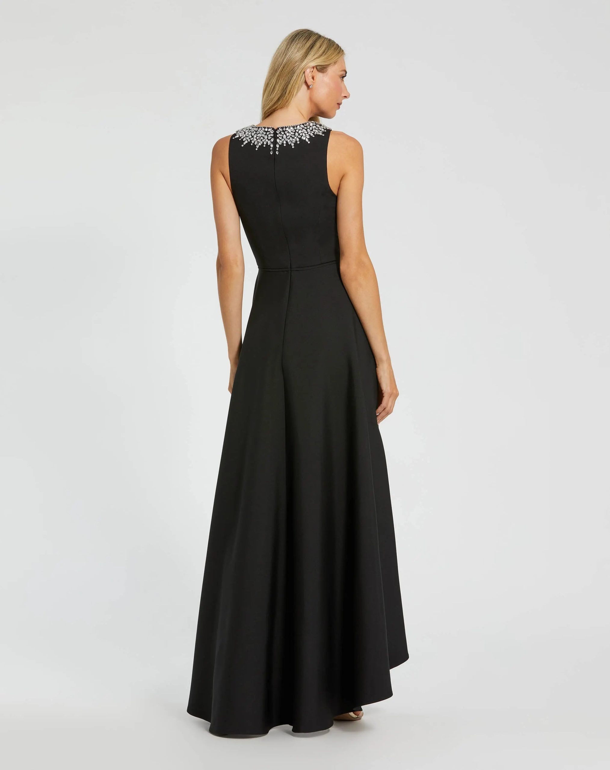Black Crepe Embellished Neck High Low Gown - Image 4