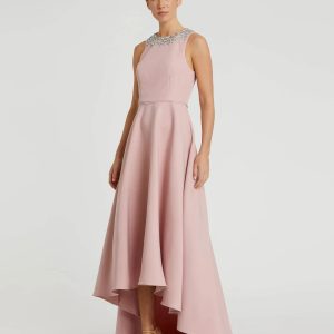 Pink Crepe Embellished Neck High Low Gown