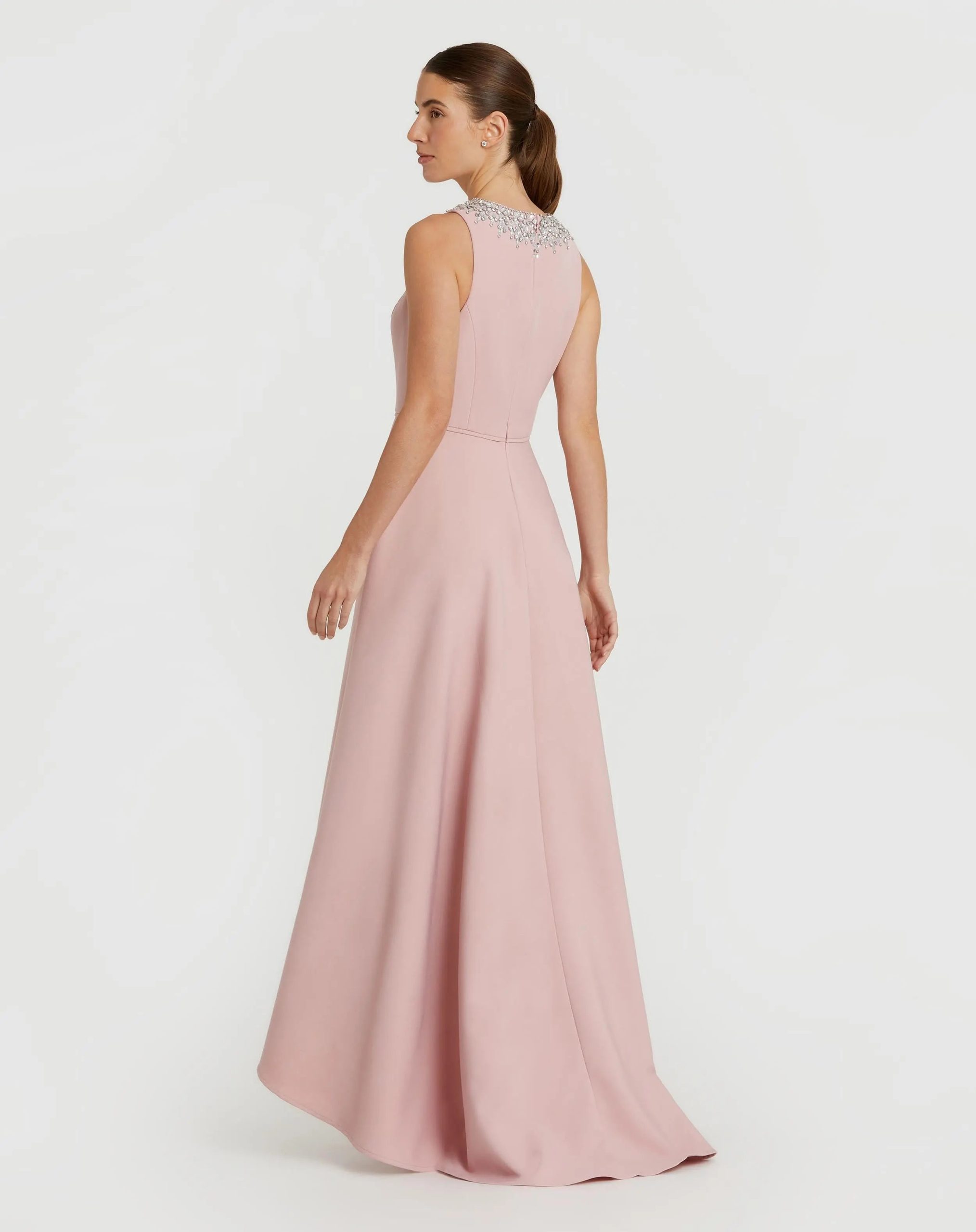 Pink Crepe Embellished Neck High Low Gown - Image 3