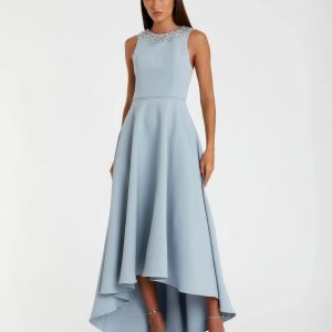 Blue Crepe Embellished Neck High Low Gown