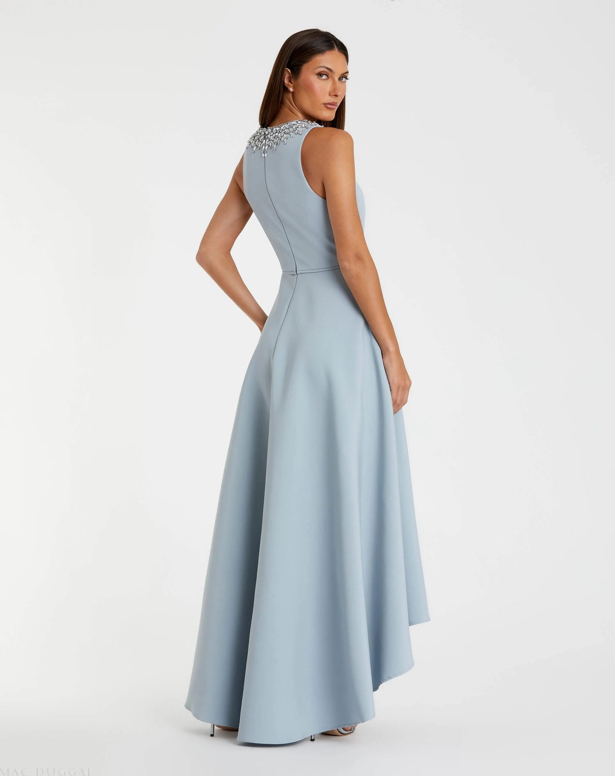 Blue Crepe Embellished Neck High Low Gown - Image 3