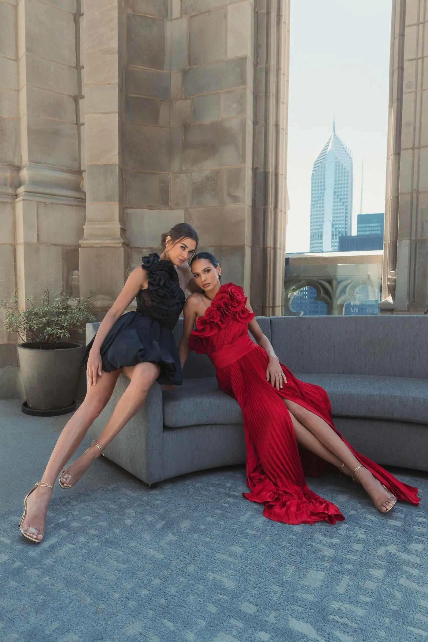 Red Pleated Charmeuse One-Shoulder Evening Gown with Ruffle Detail - Image 6