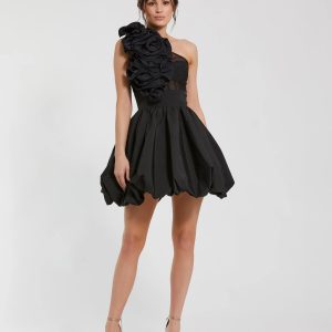 Black Taffeta One Shoulder Ruffle Bubble Mini Dress