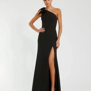 Black Crepe One Shoulder Fitted Evening Gown With Bow