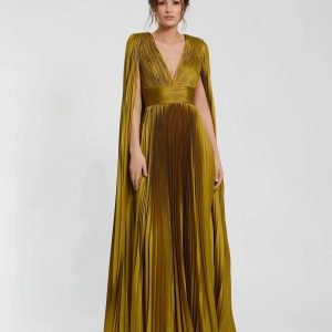Green Pleated Charmeuse V Neck Gown With Cape