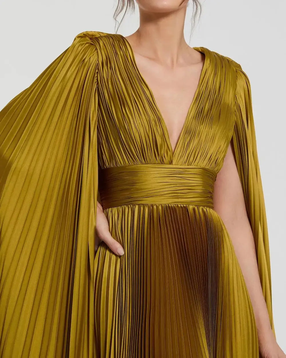 Petite Green Pleated Charmeuse V Neck Gown With Cape - Image 2