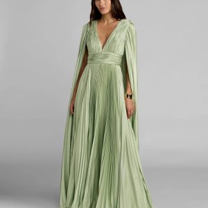 Light Green Pleated Charmeuse V Neck Gown With Cape