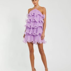 Purple Crinkle Chiffon Tiered Ruffle Mini Dress